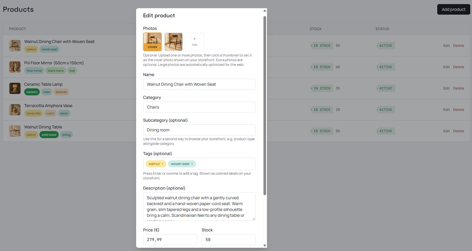 Shopzo dashboard: editing a product with photos, name, category, tags and description