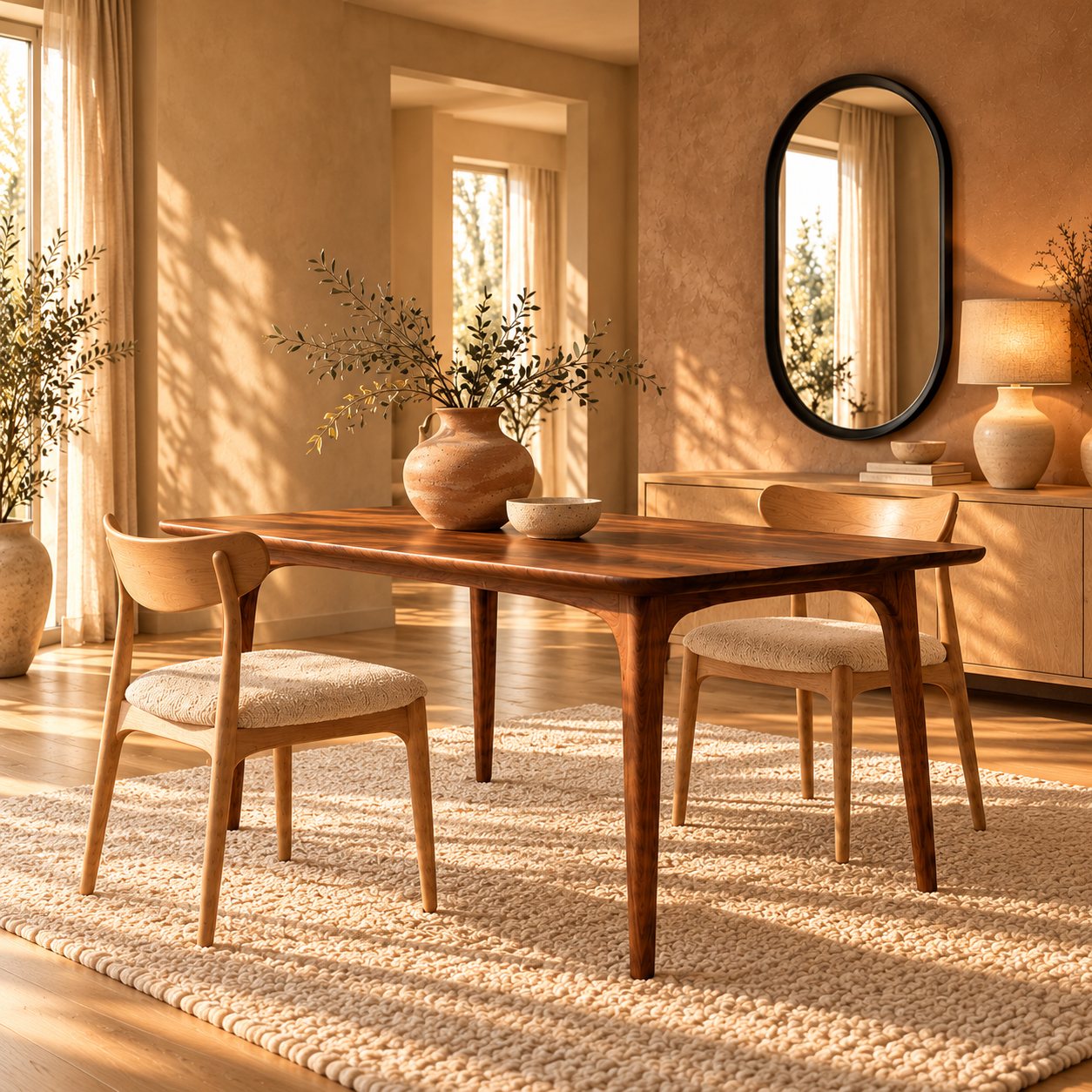 Walnut dining table with two oak chairs, a ceramic vase and a wool rug in warm evening light