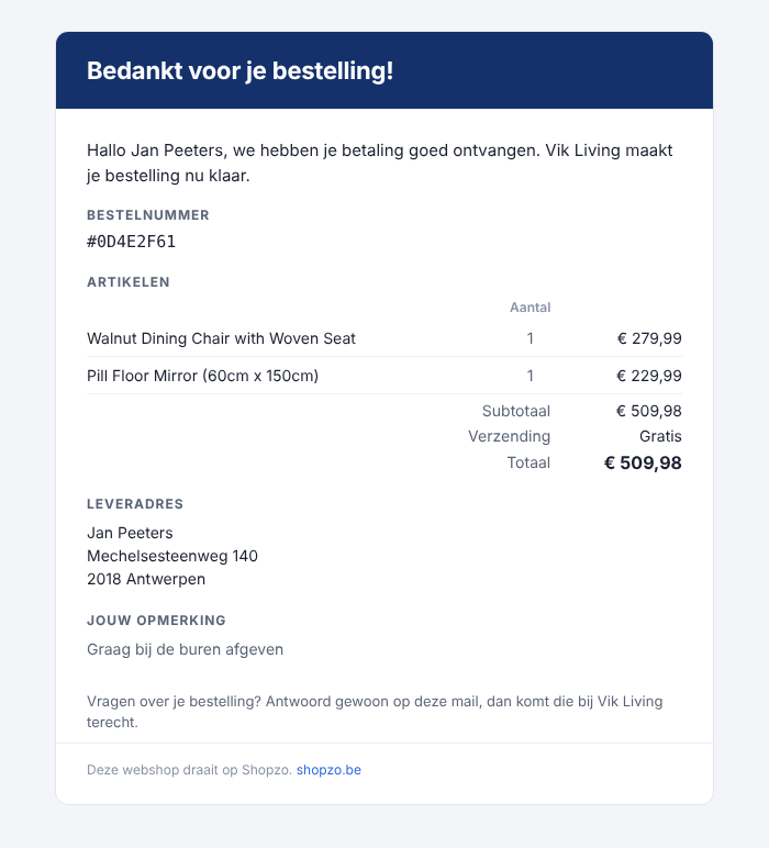 Bevestigingsmail na betaling