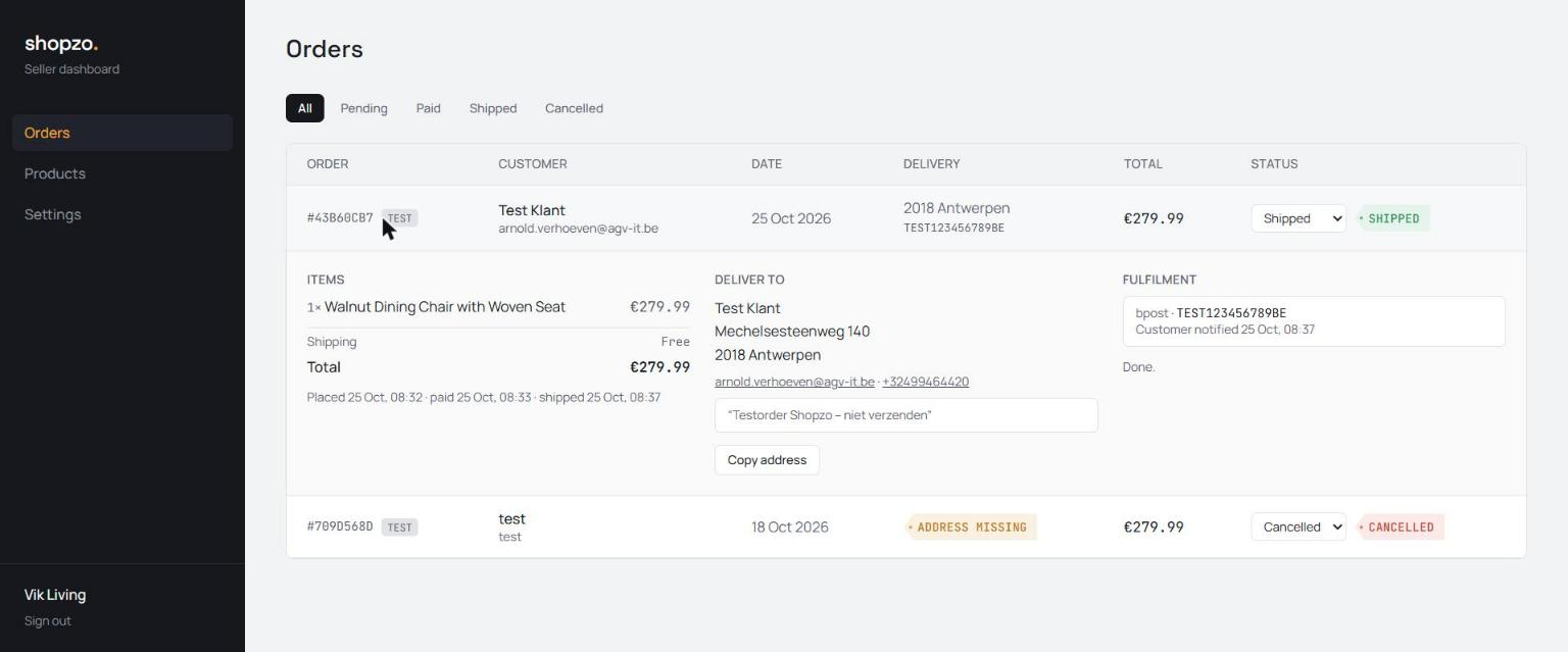 Bestellingen in het Shopzo-dashboard