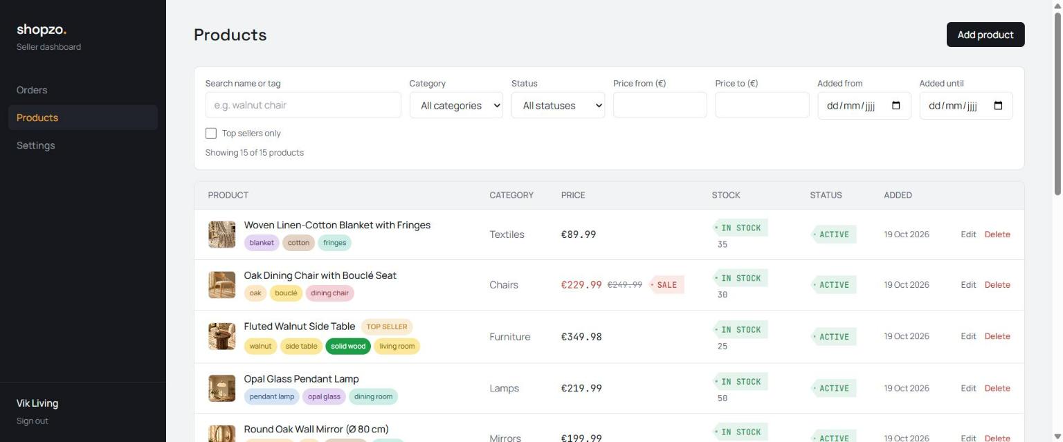 Productoverzicht in het Shopzo-dashboard