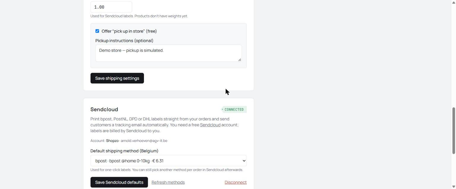 Sendcloud gekoppeld in het dashboard