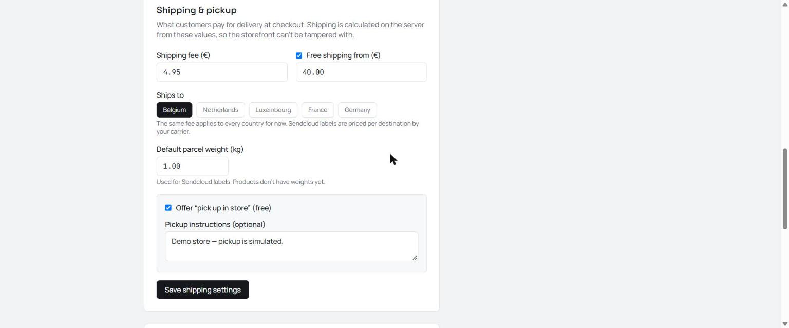 Verzendinstellingen in het dashboard