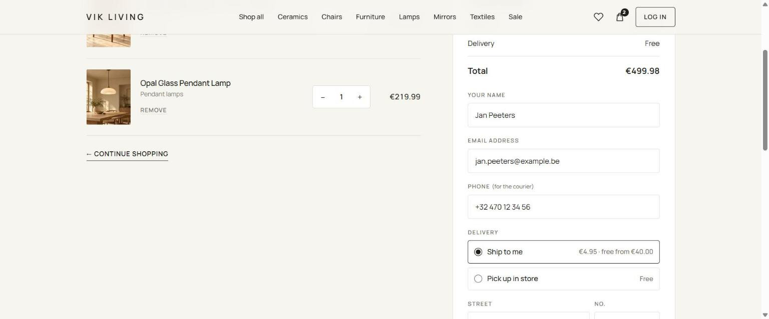 Afrekenen: contactgegevens en keuze verzenden of afhalen