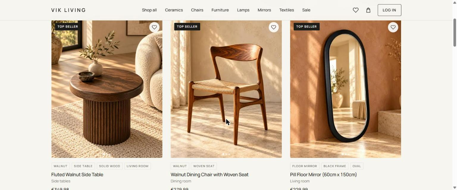 Winkelpagina met producten en Top seller-labels
