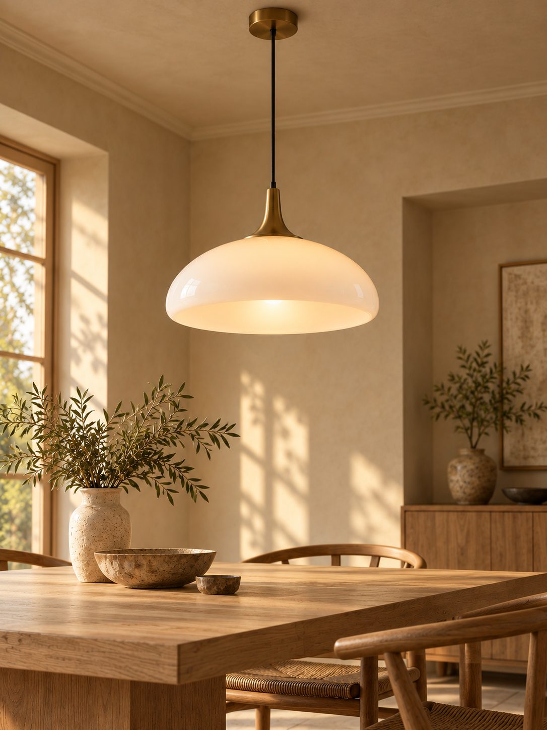 Opal glass pendant lamp glowing above an oak dining table with olive branches in soft evening light